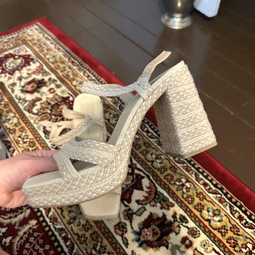 Woven Platform Block Heel Sandals - Beige